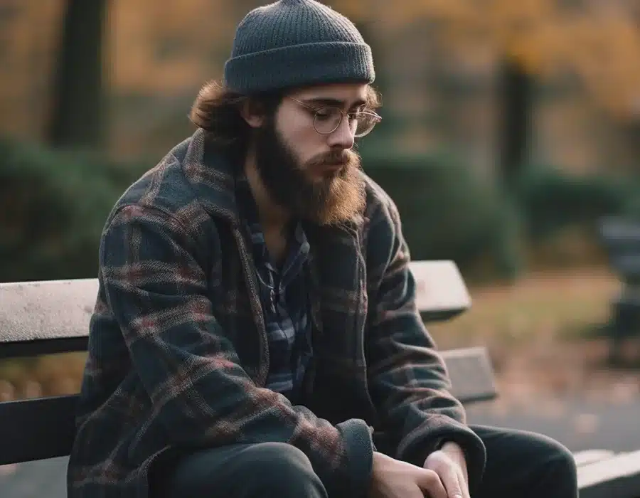 A man sitting on a bench looking depressed