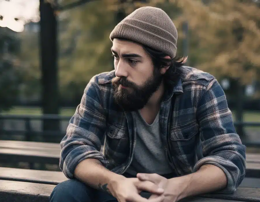 A man sitting on a bench looking depressed