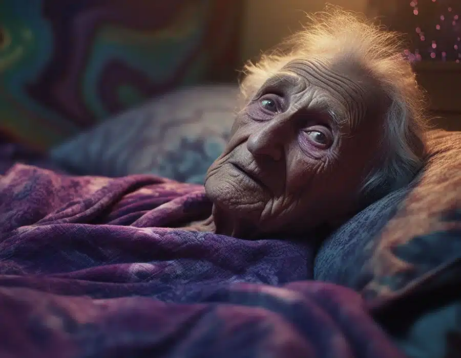 old woman experiencing psychedelics in the bed