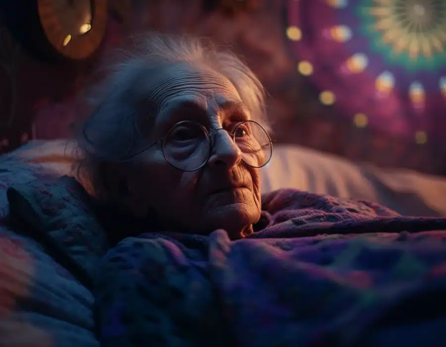 old woman experiencing psychedelics in the bed