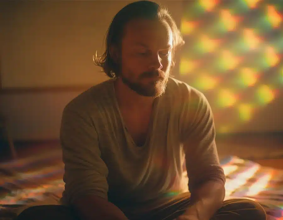 A man experiencing a trip while meditating