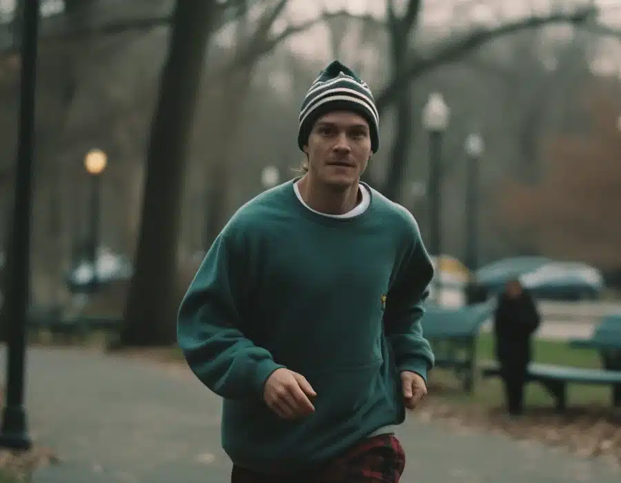 A skinny man going on a jog in a park