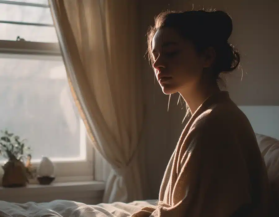 A woman looking hopeful after a night's sleep