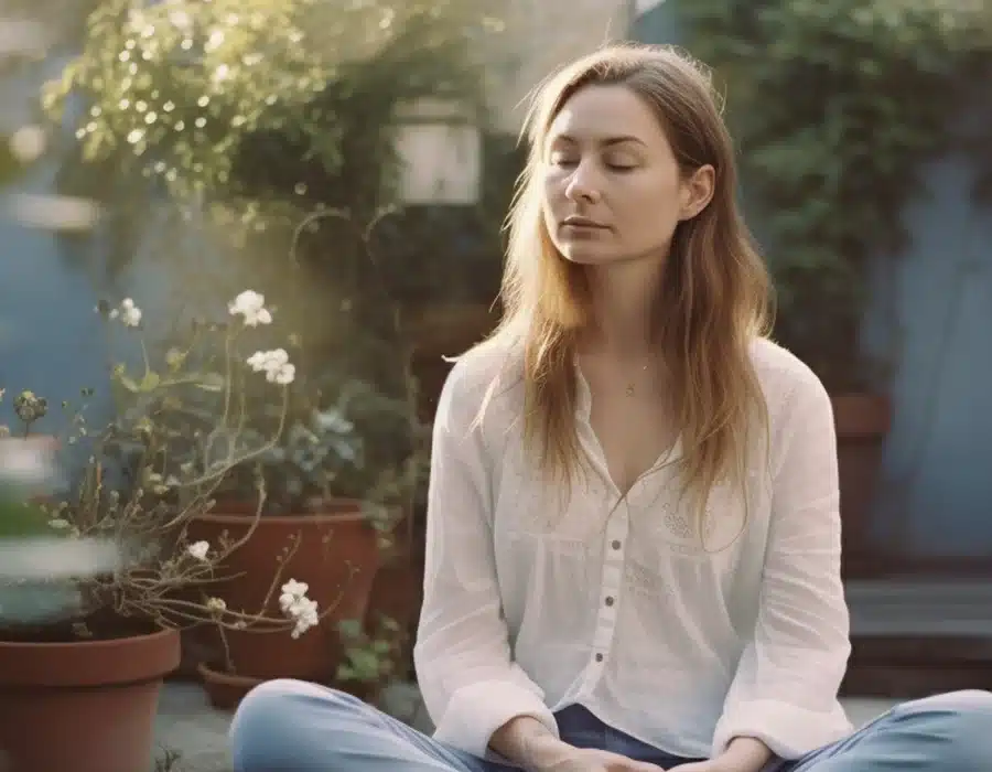 A woman meditating in her garden