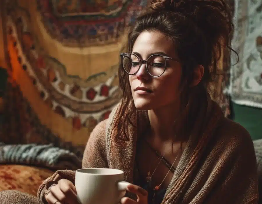 A woman in her thoughts while drinking tea