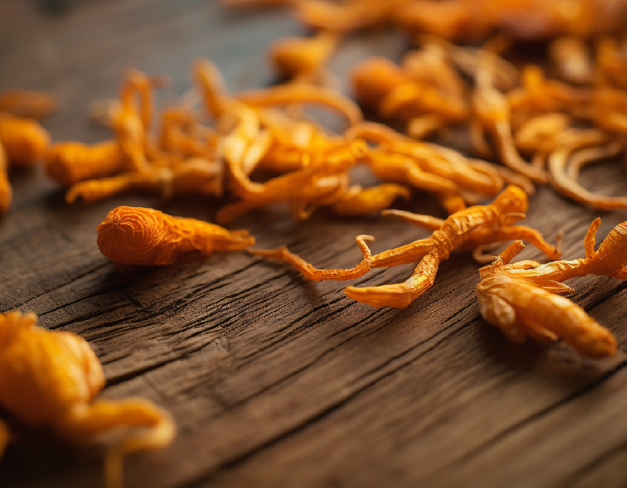Dried Cordyceps militaris mushrooms spread on rustic wooden surface, commonly used in traditional Chinese medicine and adaptogenic supplements.