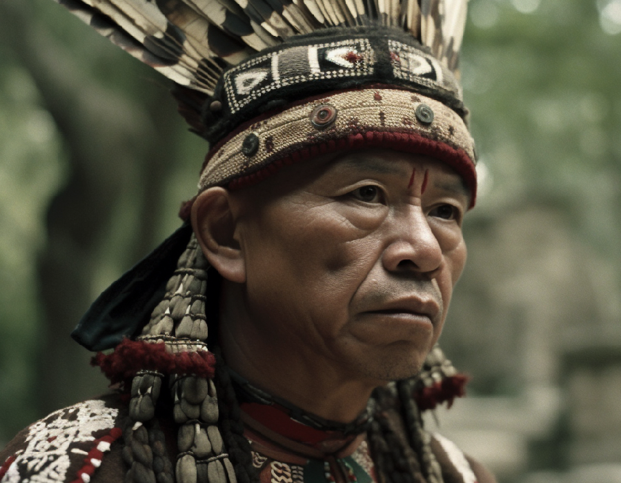 Portrait of an Indigenous elder wearing traditional ceremonial attire and a feathered headdress, standing in a natural forest setting with a solemn expression.