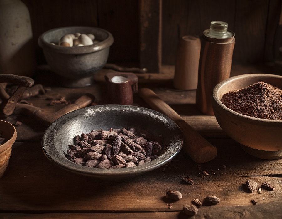 Rustic kitchen scene with raw cacao beans in a metal bowl and cacao powder in a wooden bowl, evoking traditional chocolate-making.