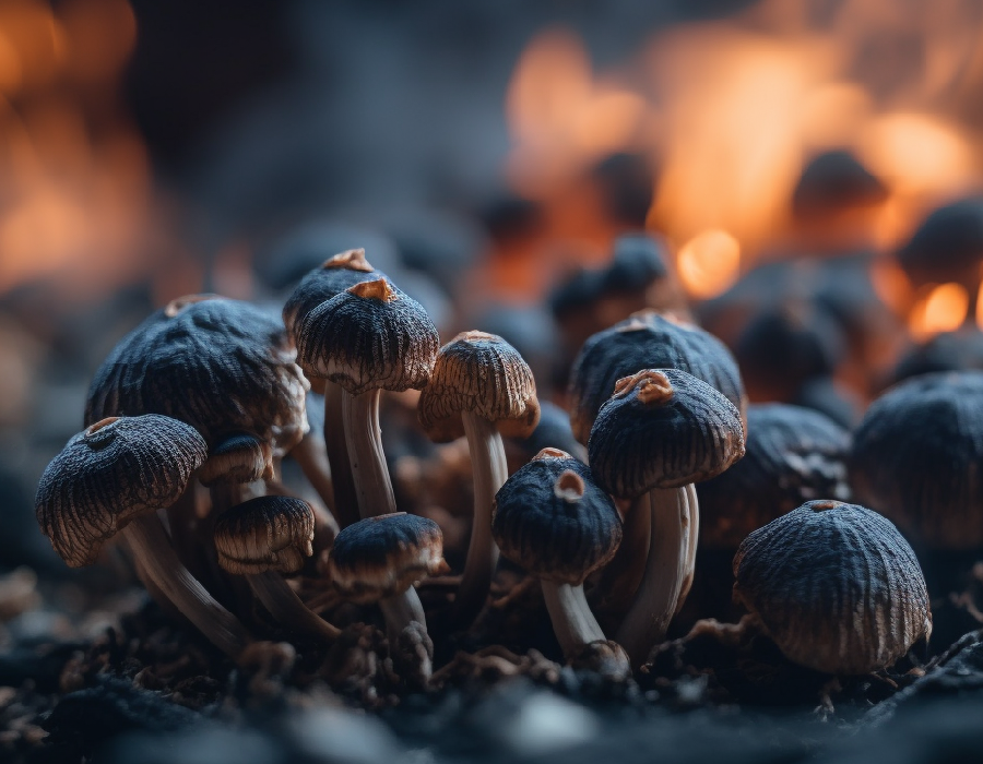 A tight cluster of dark, wrinkled mushrooms with deep blue and black tones, growing from earthy soil. In the background, a warm orange glow—resembling fire or a sunset—adds dramatic contrast to the cool, shadowed fungi in the foreground.