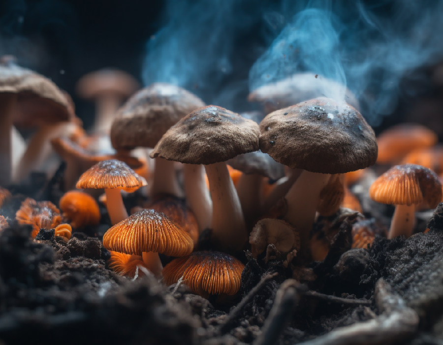 A vivid cluster of mushrooms with dark brown caps and bright orange gills, growing from damp forest soil. Wisps of blue smoke or mist rise around them, creating a mystical and ethereal woodland atmosphere.