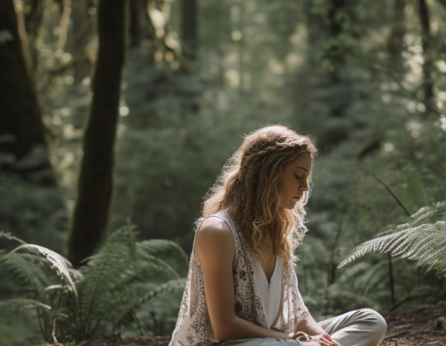 Young woman meditating in a sunlit forest clearing, seated on the ground with closed eyes, surrounded by ferns and tall trees.