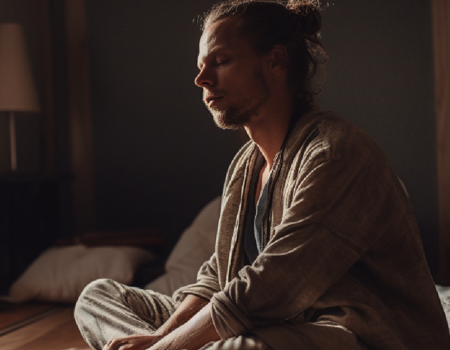 Man meditating indoors in soft morning light, wearing comfortable robes, practicing mindfulness and inner reflection in a peaceful room setting.