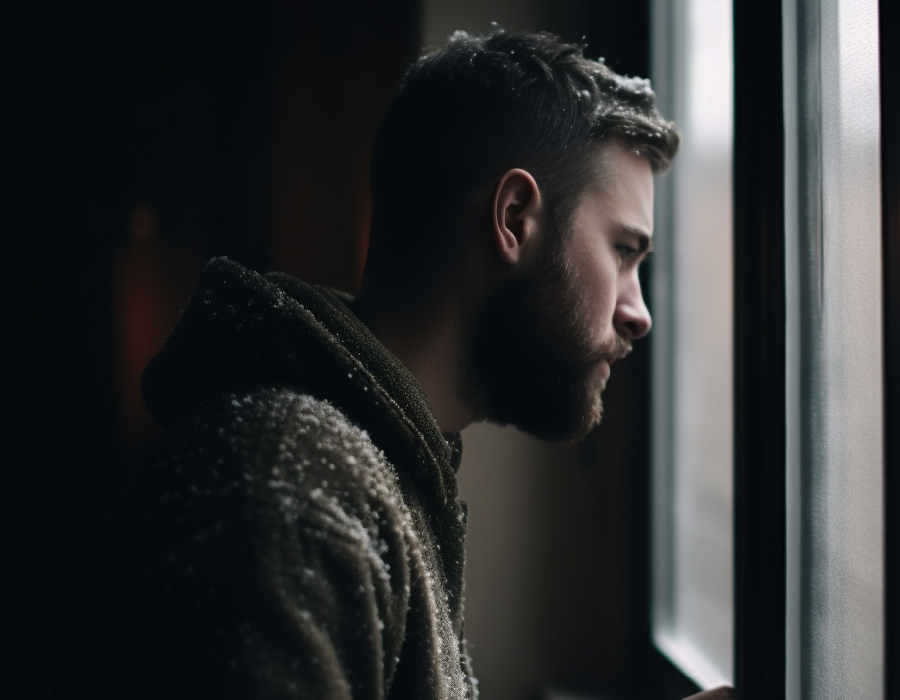 Bearded man wearing a snow-dusted winter coat gazing out a window with a somber, reflective expression, conveying solitude and emotional depth.