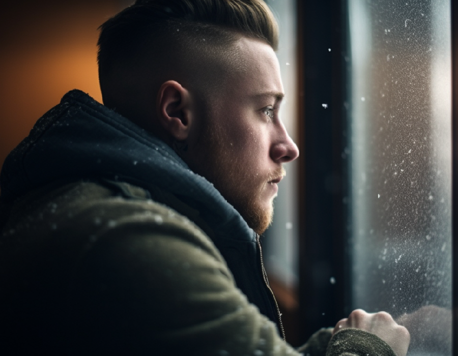 Young man with a trimmed beard and winter coat gazing pensively out a frosted window, reflecting solitude and introspection on a snowy day.