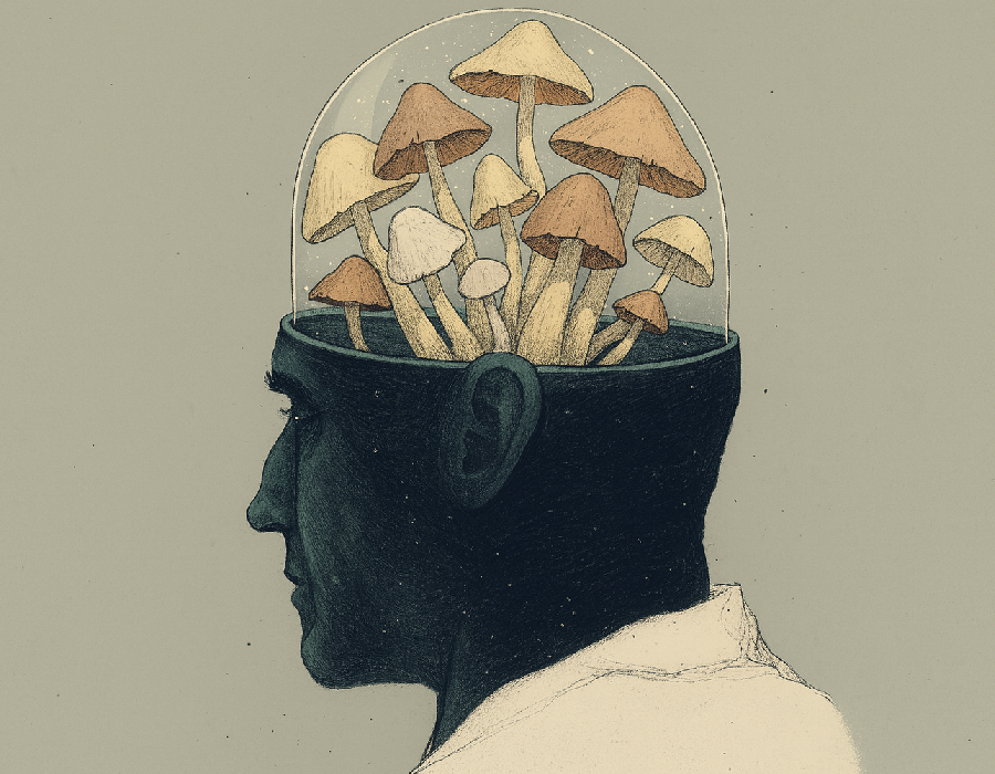 A man with mushrooms inside his head