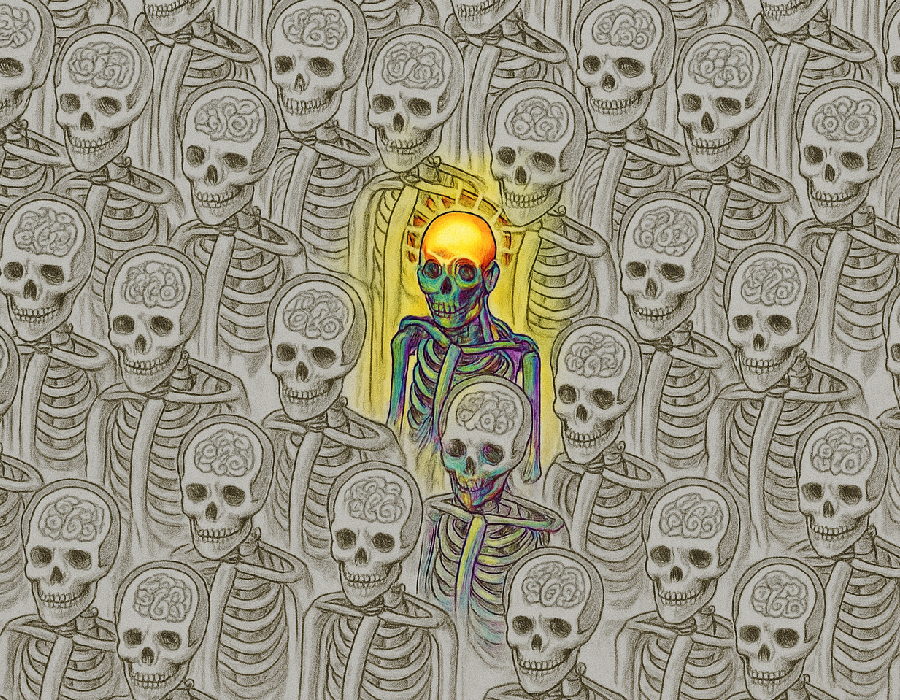 A glowing colorful skeleton among a dozen grey ones