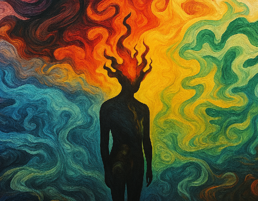 A man with flowing flaming spirituality that is colorful