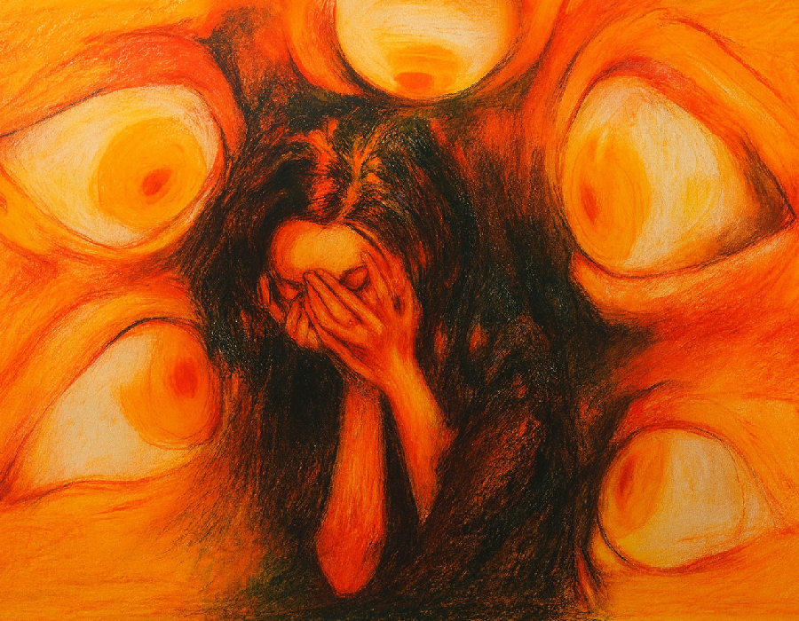 A woman whose trauma is staring at her