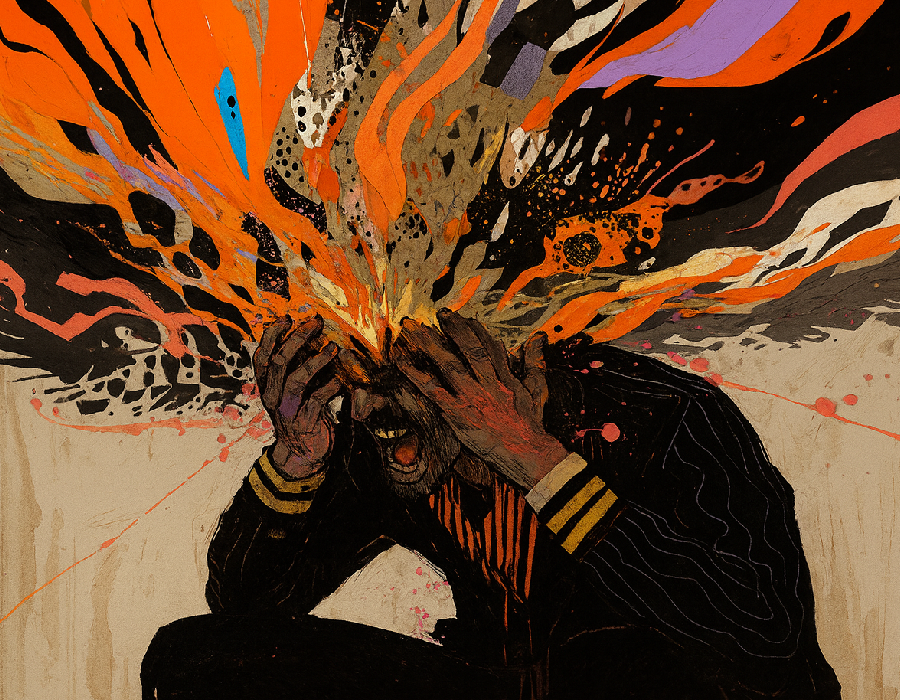 A man dealing with intense trauma as it metaphorically explodes his head